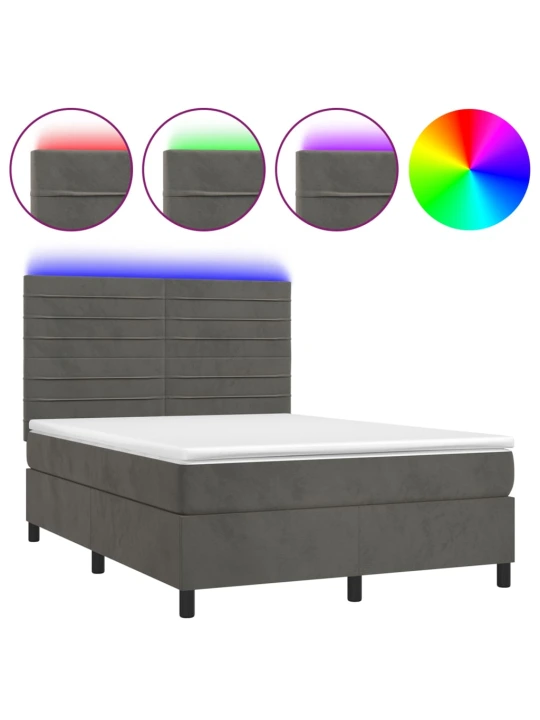 Box spring postel s matrací a LED tmavě šedá 140x200 cm samet
