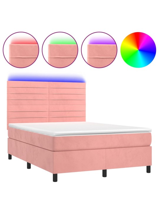 Box spring postel s matrací a led růžová 140x200 cm samet