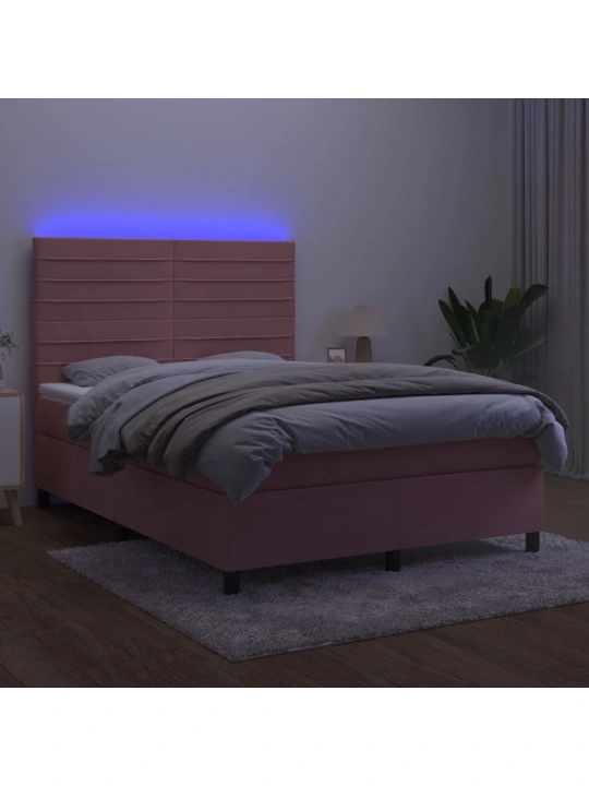 Box spring postel s matrací a led růžová 140x200 cm samet