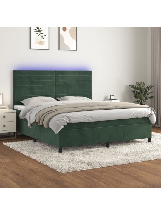 Box spring postel s matrací a led tmavě zelená 160x200 cm samet
