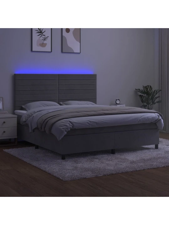 Box spring postel s matrací a LED světle šedá 180x200 cm samet