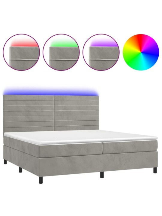 Box spring postel s matrací a LED světle šedá 200x200 cm samet
