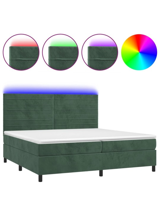 Box spring postel s matrací a led tmavě zelená 200x200 cm samet