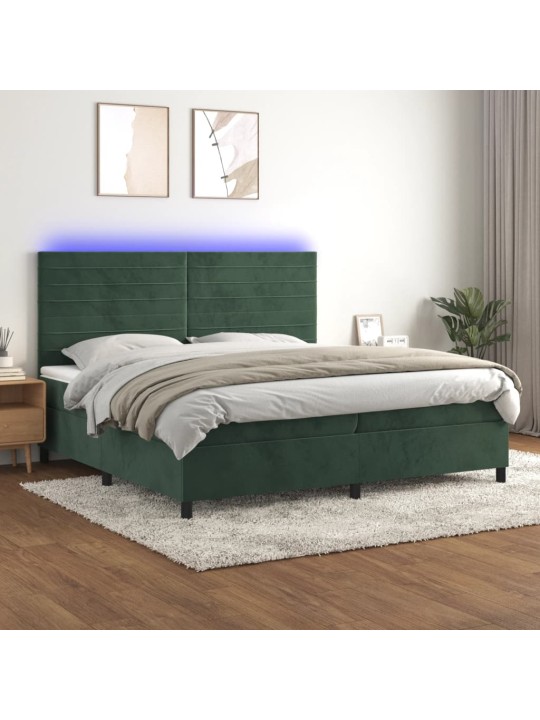 Box spring postel s matrací a led tmavě zelená 200x200 cm samet