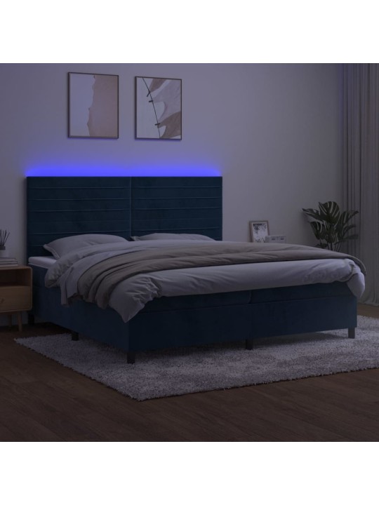 Box spring postel s matrací a LED tmavě modrá 200x200 cm samet