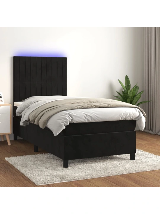 Box spring postel s matrací a LED černá 90x200 cm samet