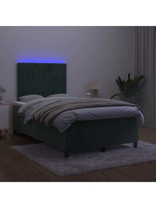 Box spring postel s matrací a led tmavě zelená 120x200 cm samet