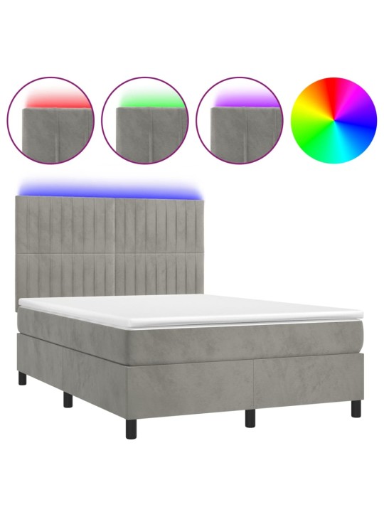 Box spring postel s matrací a LED světle šedá 140x190 cm samet
