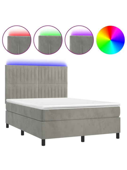 Box spring postel s matrací a LED světle šedá 140x190 cm samet