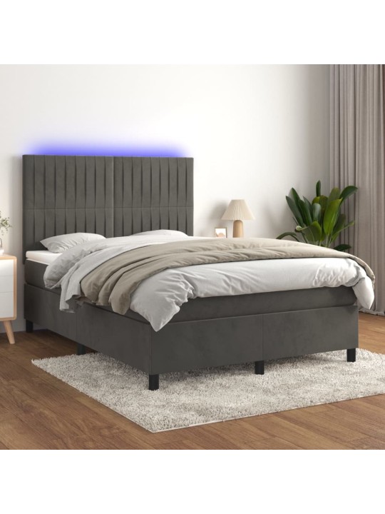 Box spring postel s matrací a LED tmavě šedá 140x190 cm samet