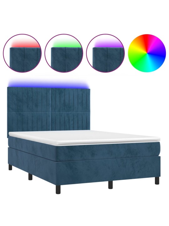 Box spring postel s matrací a led tmavě modrá 140x190 cm samet