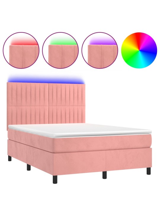 Box spring postel s matrací a led růžová 140x190 cm samet