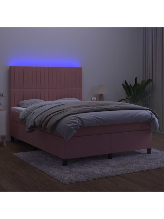 Box spring postel s matrací a led růžová 140x190 cm samet