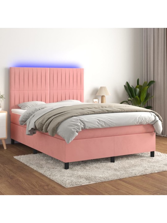 Box spring postel s matrací a led růžová 140x190 cm samet