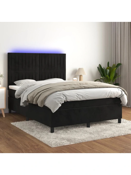Box spring postel s matrací a led černá 140x200 cm samet