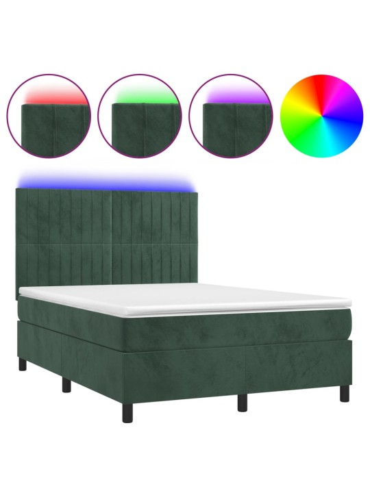 Box spring postel s matrací a led tmavě zelená 140x200 cm samet