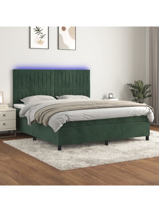 Box spring postel s matrací a led tmavě zelená 180x200 cm samet