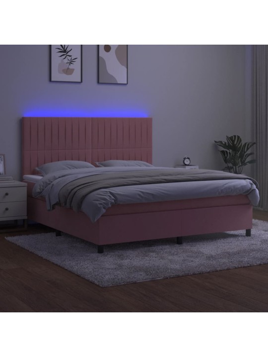 Box spring postel s matrací a LED růžová 180x200 cm samet