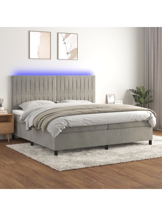 Box spring postel s matrací a LED světle šedá 200x200 cm samet