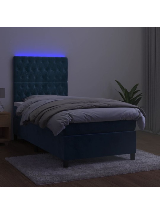 Box spring postel s matrací a LED tmavě modrá 90x200 cm samet