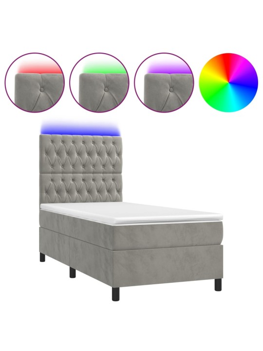 Box spring postel s matrací a LED světle šedá 100x200 cm samet