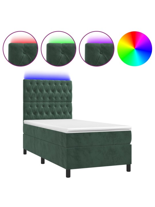 Box spring postel s matrací a LED tmavě zelená 100x200 cm samet