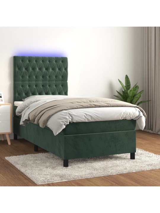 Box spring postel s matrací a LED tmavě zelená 100x200 cm samet