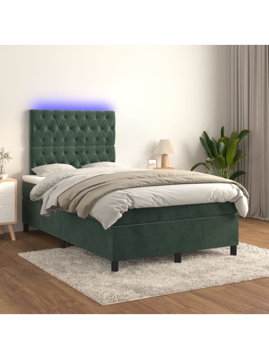 Box spring postel s matrací a LED tmavě zelená 120x200 cm samet