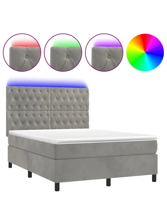 Box spring postel s matrací a led světle šedá 140x190 cm samet