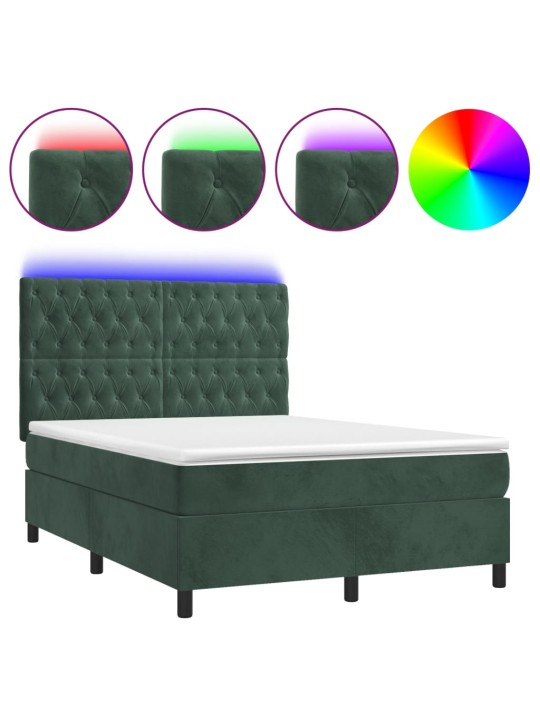 Box spring postel s matrací a led tmavě zelená 140x190 cm samet