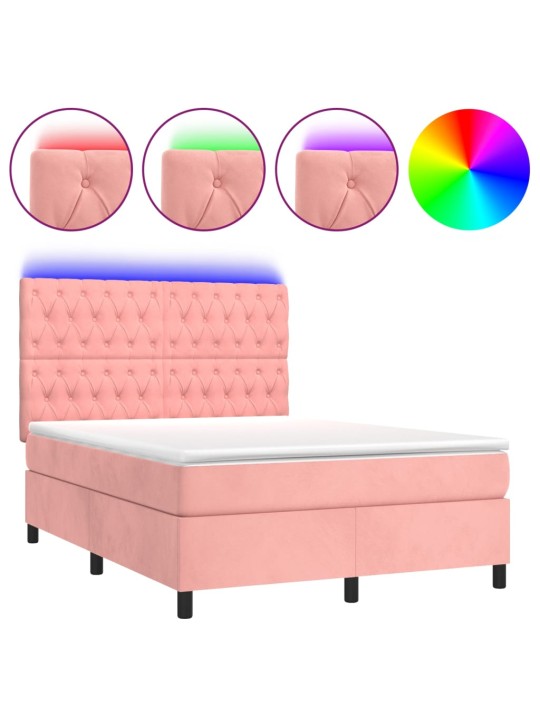 Box spring postel s matrací a led růžová 140x190 cm samet