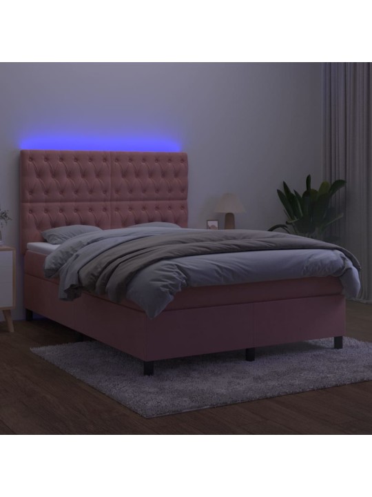 Box spring postel s matrací a led růžová 140x190 cm samet