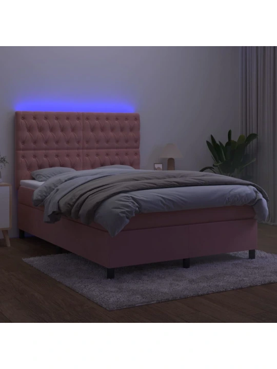 Box spring postel s matrací a led růžová 140x190 cm samet