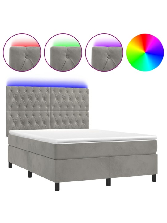 Box spring postel s matrací a led světle šedá 140x200 cm samet