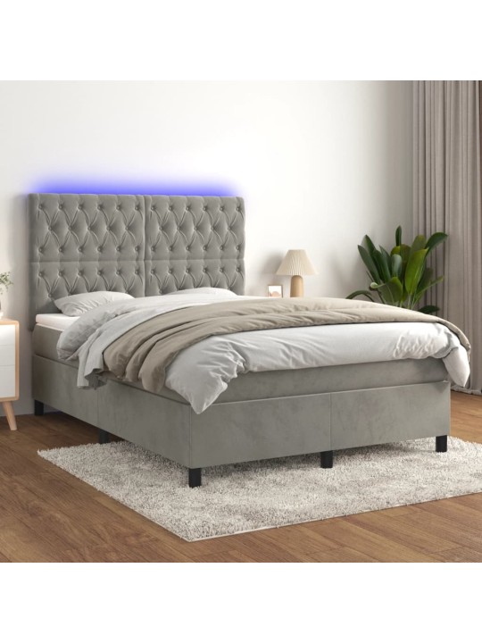 Box spring postel s matrací a led světle šedá 140x200 cm samet