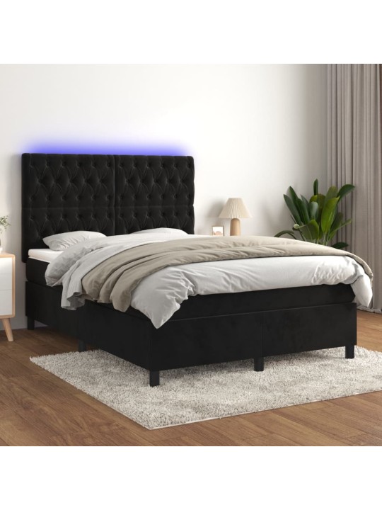 Box spring postel s matrací a led černá 140x200 cm samet