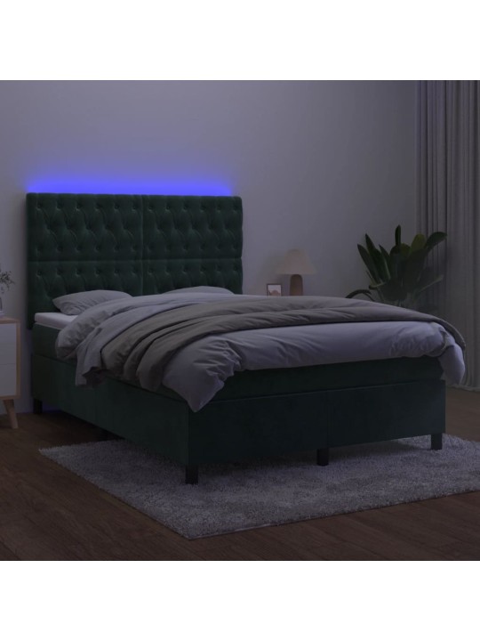 Box spring postel s matrací a led tmavě zelená 140x200 cm samet