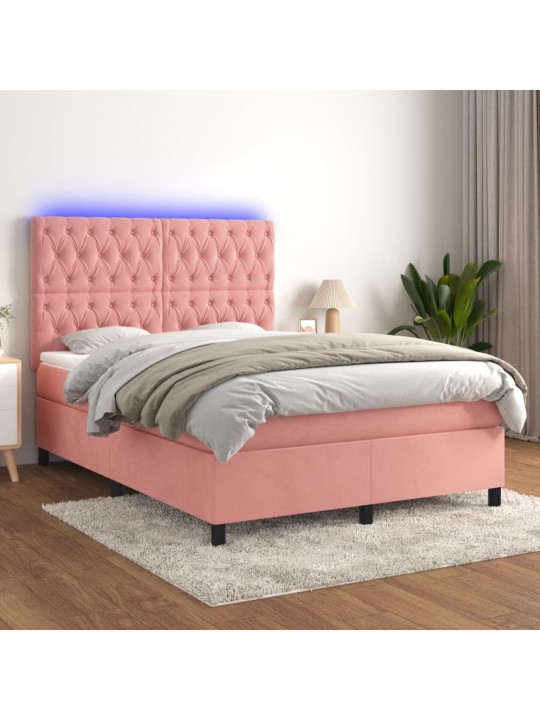 Box spring postel s matrací a led růžová 140x200 cm samet