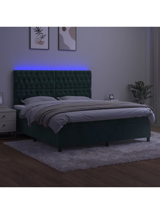 Box spring postel s matrací a led tmavě zelená 180x200 cm samet