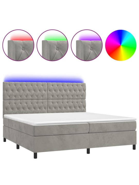 Box spring postel s matrací a LED světle šedá 200x200 cm samet