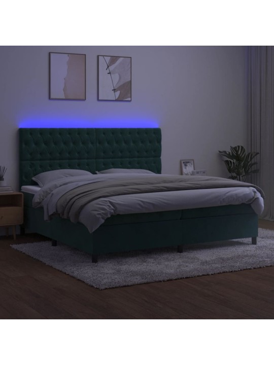 Box spring postel s matrací a led tmavě zelená 200x200 cm samet