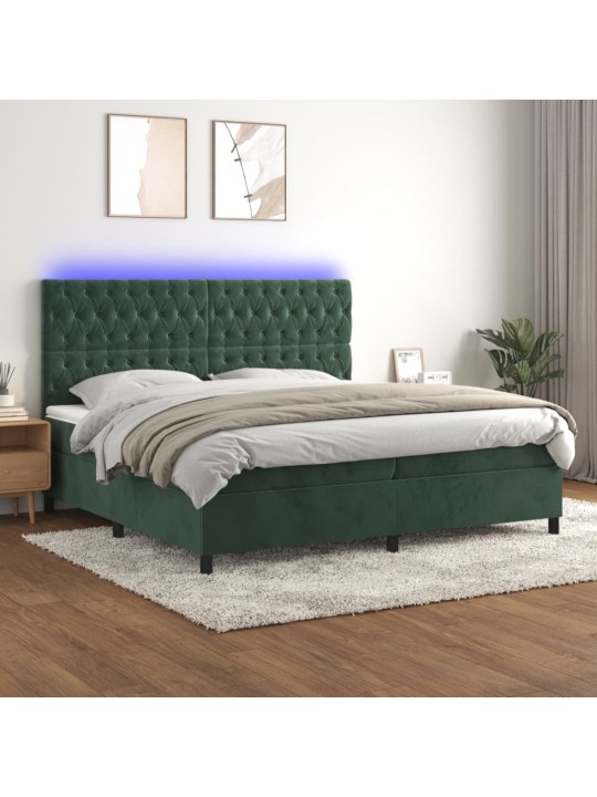 Box spring postel s matrací a led tmavě zelená 200x200 cm samet