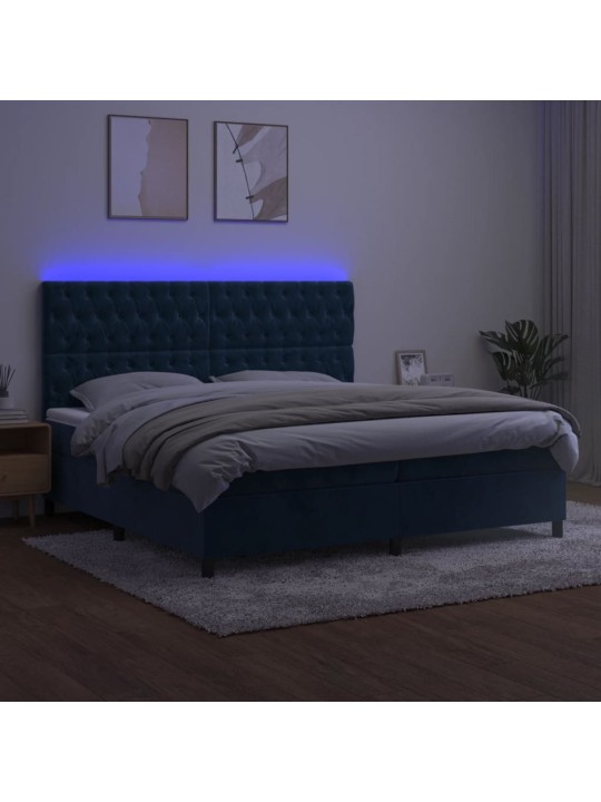 Box spring postel s matrací a led tmavě modrá 200x200 cm samet