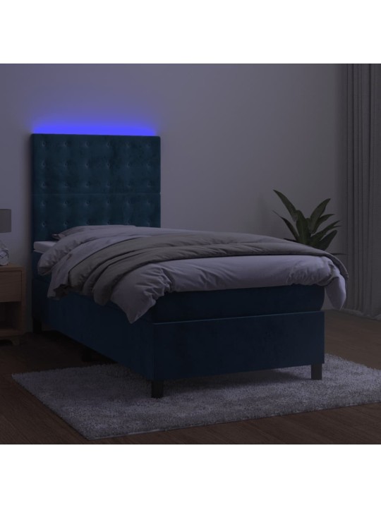 Box spring postel s matrací a led tmavě modrá 90x190 cm samet