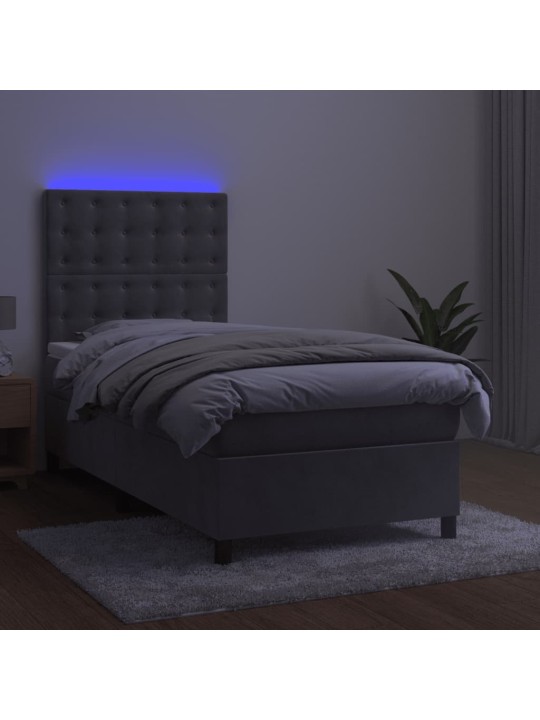 Box spring postel s matrací a LED světle šedá 90x200 cm samet