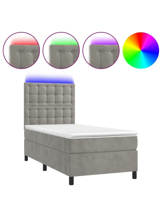 Box spring postel s matrací a LED světle šedá 100x200 cm samet