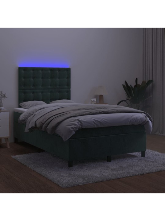 Box spring postel s matrací a led tmavě zelená 120x200 cm samet
