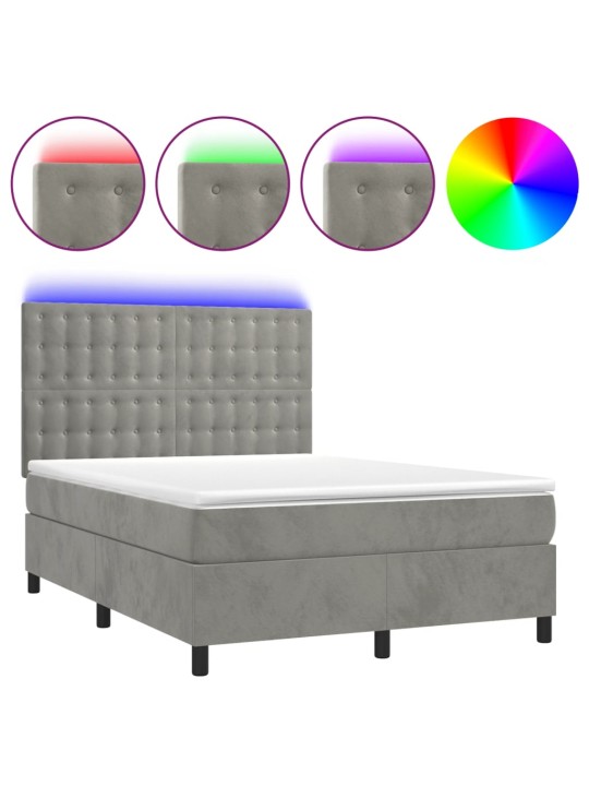 Box spring postel s matrací a LED světle šedá 140x190 cm samet