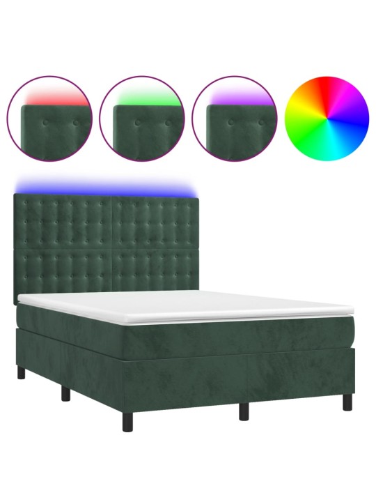 Box spring postel s matrací a led tmavě zelená 140x190 cm samet