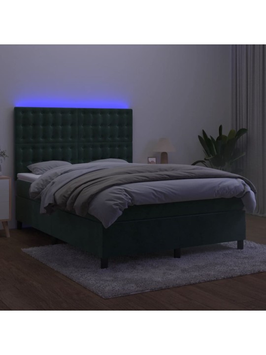 Box spring postel s matrací a led tmavě zelená 140x190 cm samet